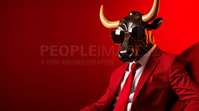 Buy stock photo Bull wearing glasses and suit for office style or business against a red background