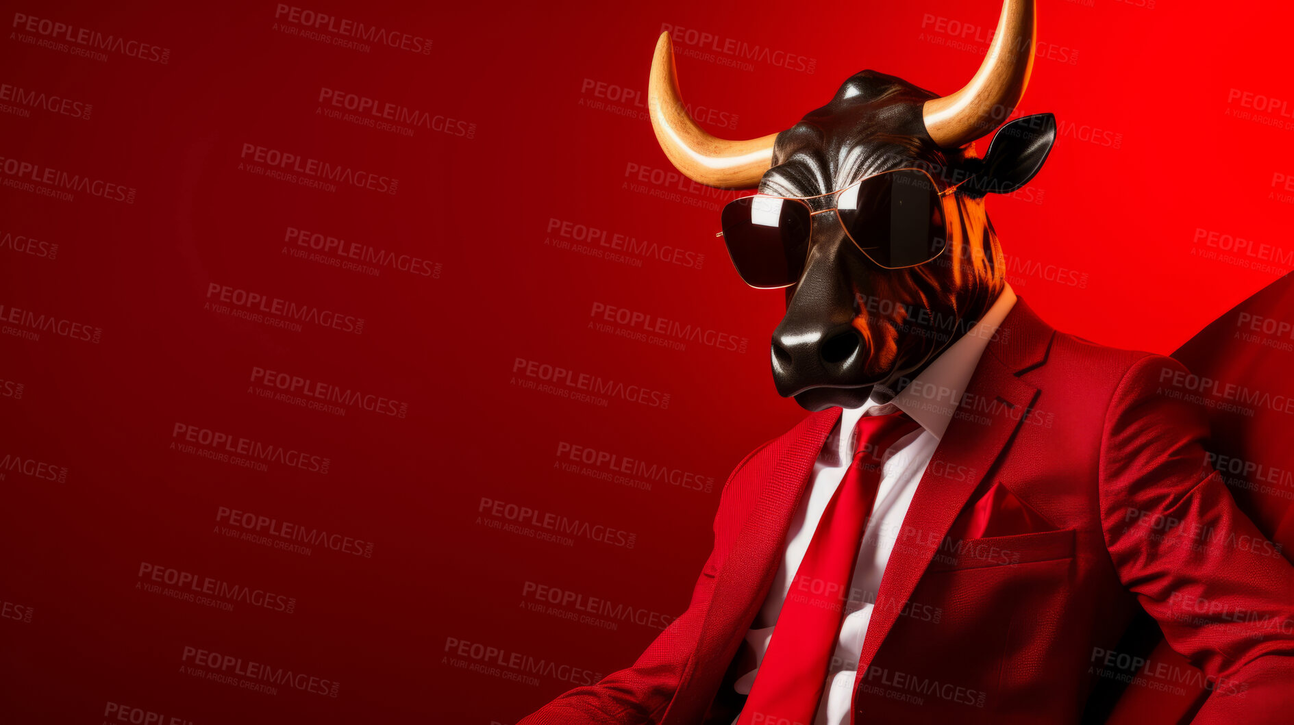 Buy stock photo Bull wearing glasses and suit for office style or business against a red background