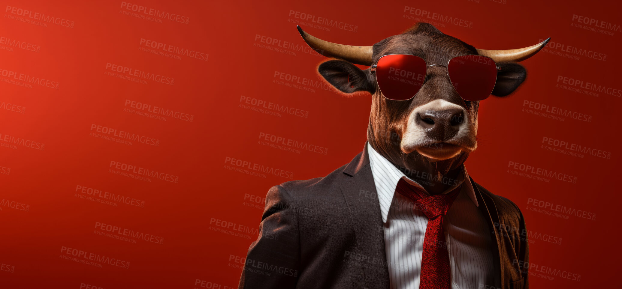 Buy stock photo Bull wearing glasses and suit for office style or business against a red background