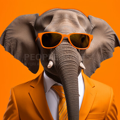 Elephant wearing glasses and suit for office style or business against an orange background