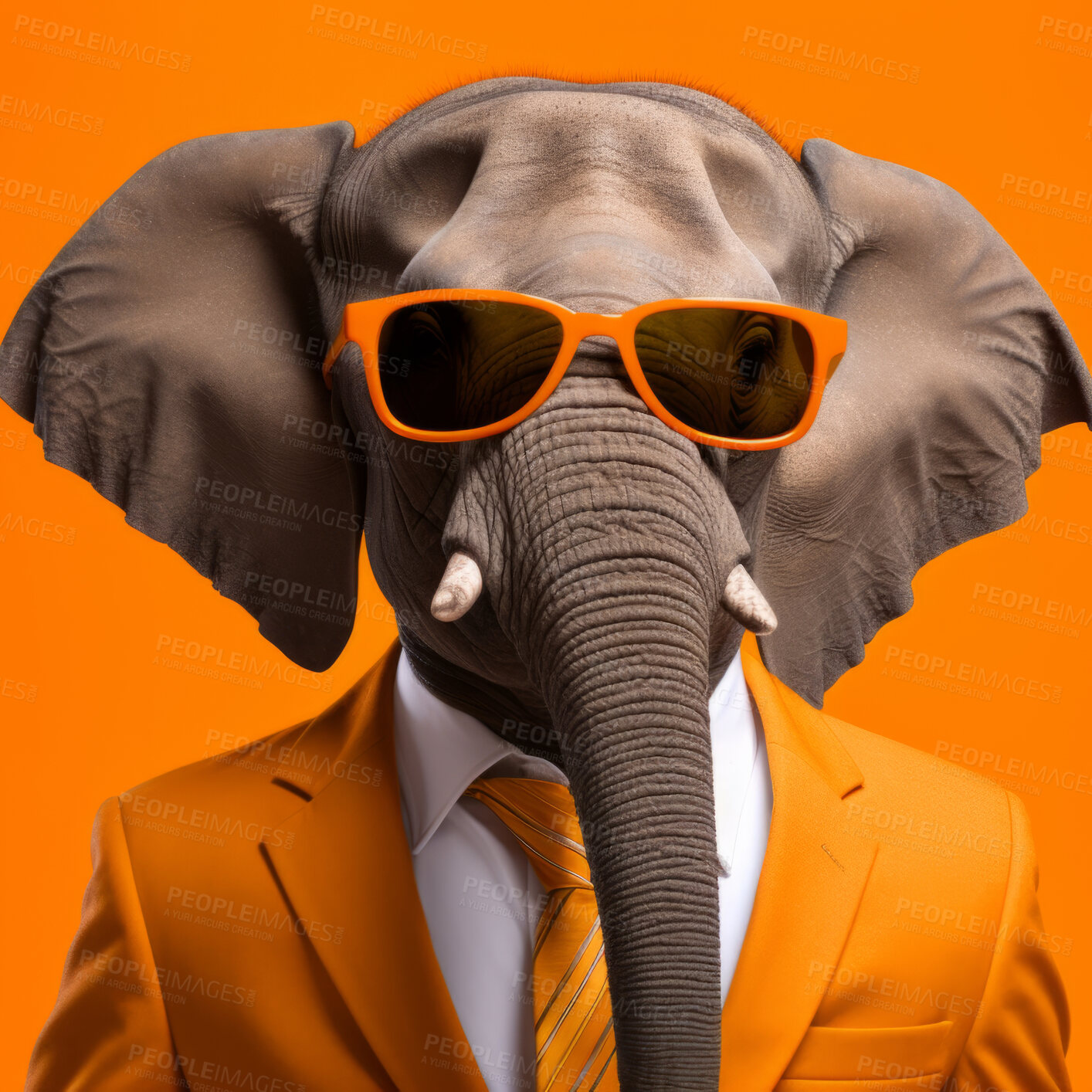 Buy stock photo Elephant wearing glasses and suit for office style or business against an orange background