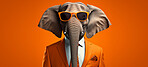 Elephant wearing glasses and suit for office style or business against an orange background