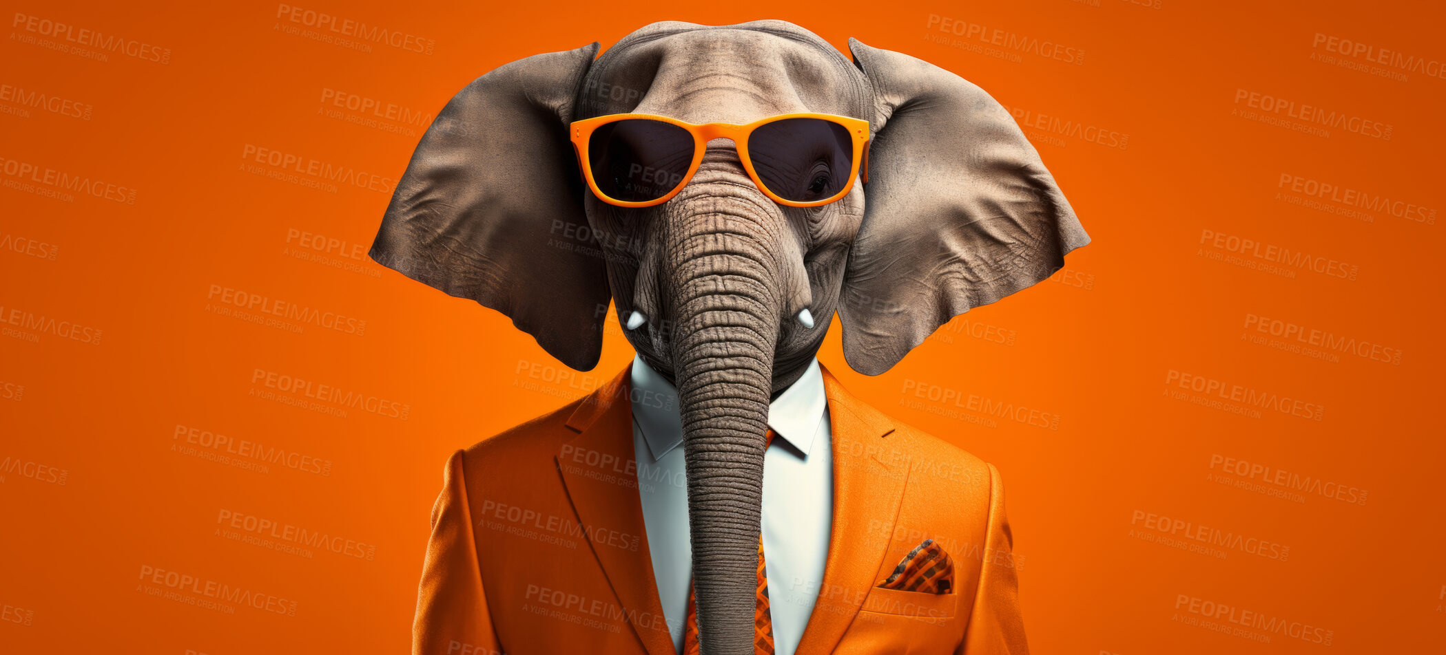 Buy stock photo Elephant wearing glasses and suit for office style or business against an orange background