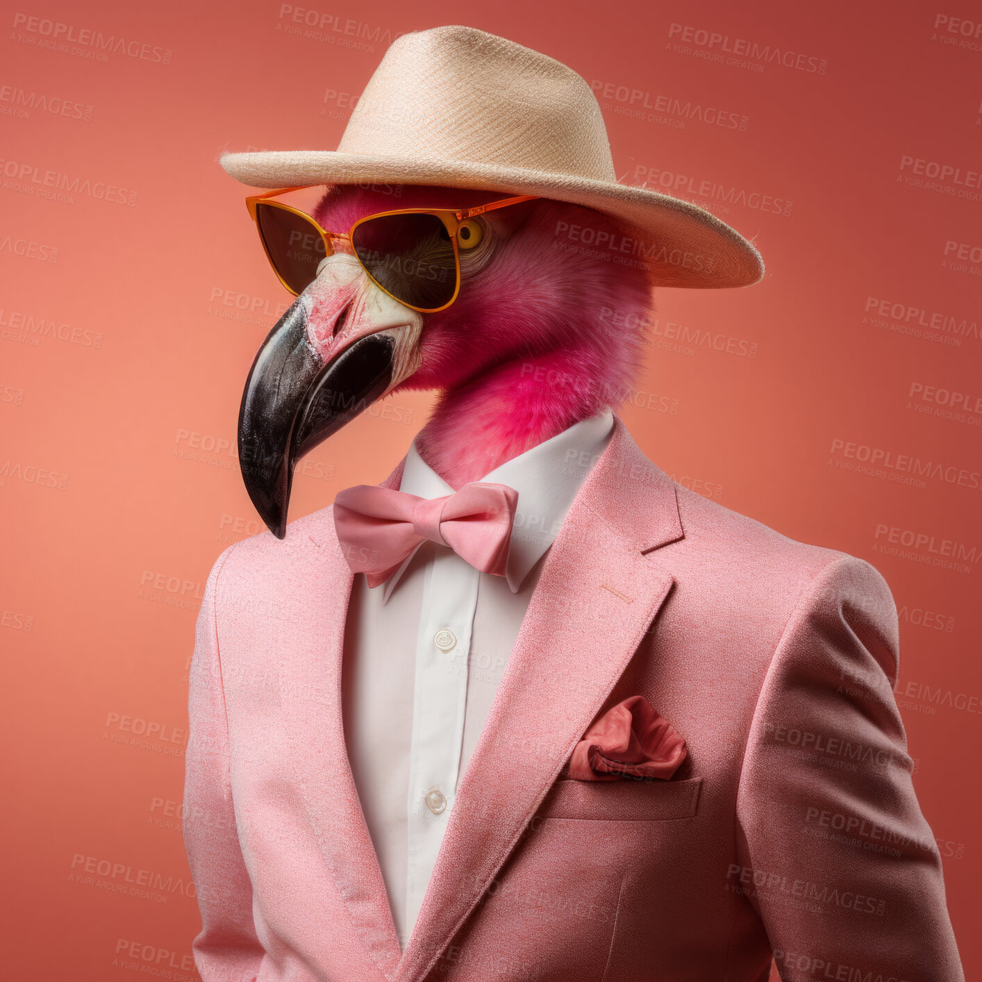 Buy stock photo Flamingo wearing glasses and suit for office style or business against a pink background