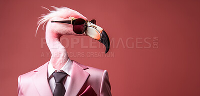 Buy stock photo Flamingo wearing glasses and suit for office style or business against a pink background