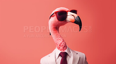 Buy stock photo Flamingo wearing glasses and suit for office style or business against a pink background