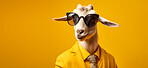 Goat wearing glasses and suit for office style or business against a yellow background