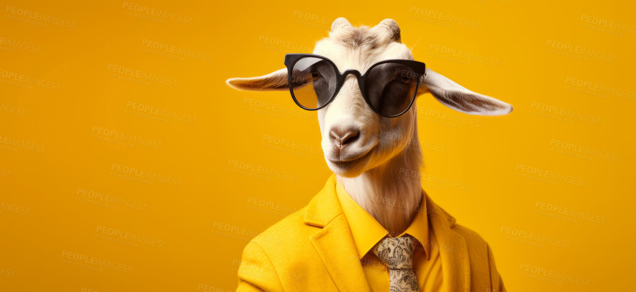 Buy stock photo Goat wearing glasses and suit for office style or business against a yellow background