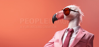 Flamingo wearing glasses and suit for office style or business against a pink background