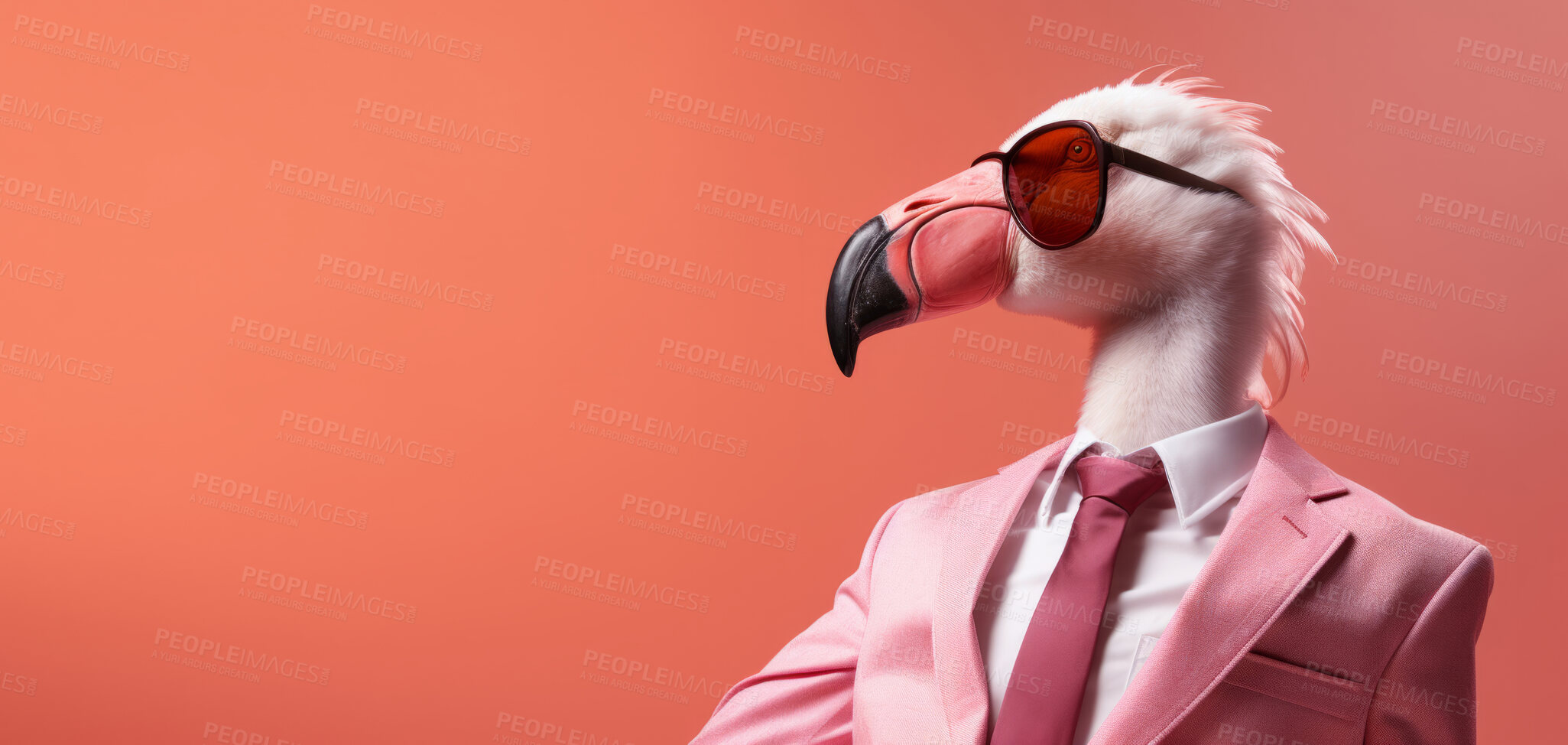 Buy stock photo Flamingo wearing glasses and suit for office style or business against a pink background