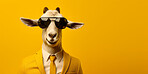 Goat wearing glasses and suit for office style or business against a yellow background