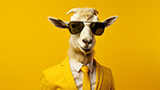 Goat wearing glasses and suit for office style or business against a yellow background