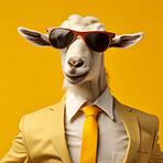 Goat wearing glasses and suit for office style or business against a yellow background