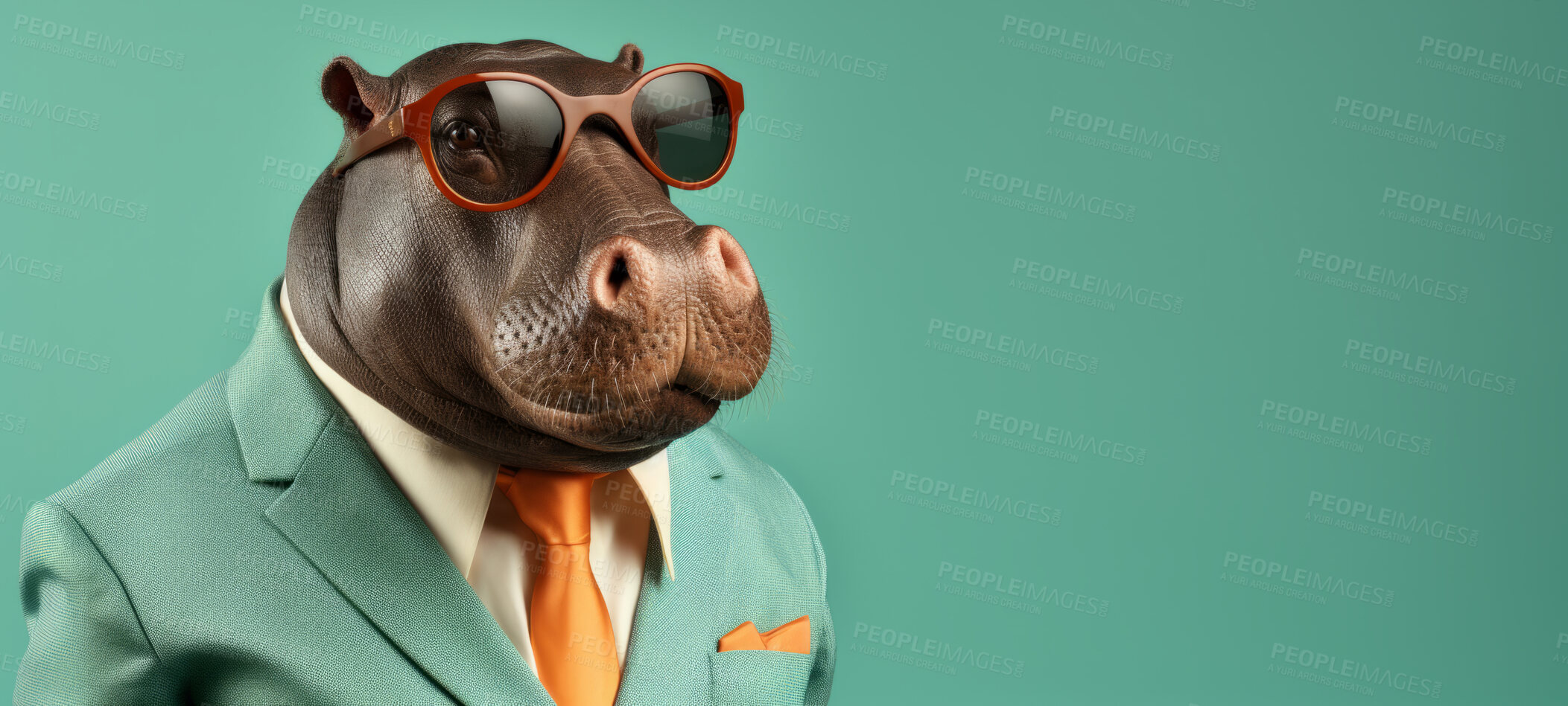 Buy stock photo Hippo wearing glasses and suit for office style or business against a teal background