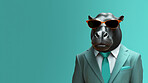 Hippo wearing glasses and suit for office style or business against a teal background