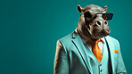 Hippo wearing glasses and suit for office style or business against a teal background