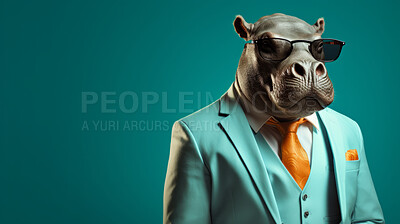 Hippo wearing glasses and suit for office style or business against a teal background