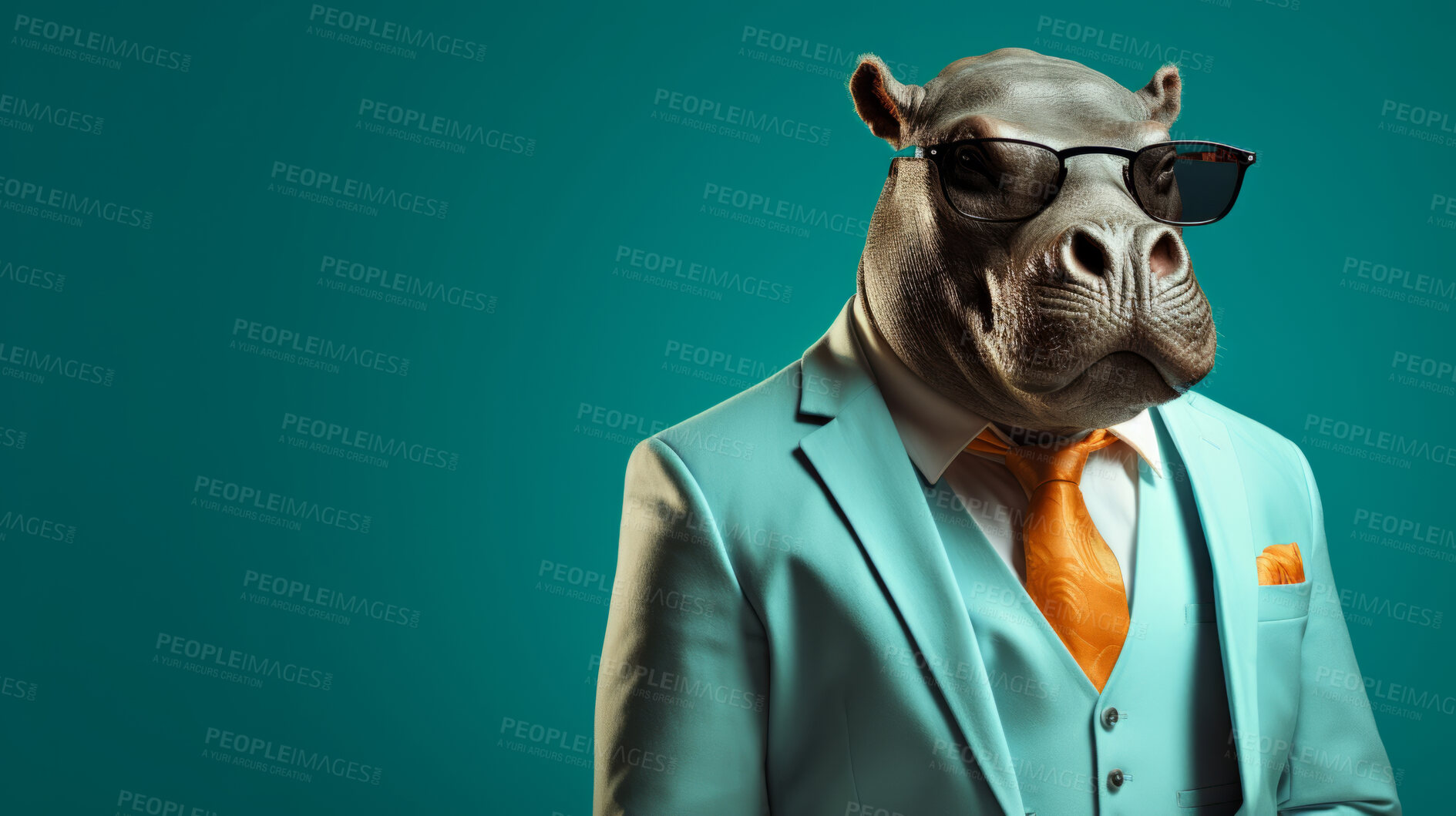 Buy stock photo Hippo wearing glasses and suit for office style or business against a teal background