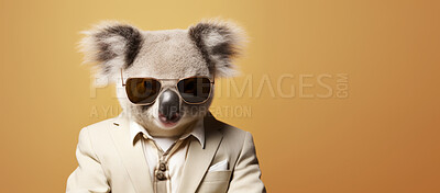 Koala wearing glasses and suit for office style or business against an orange background