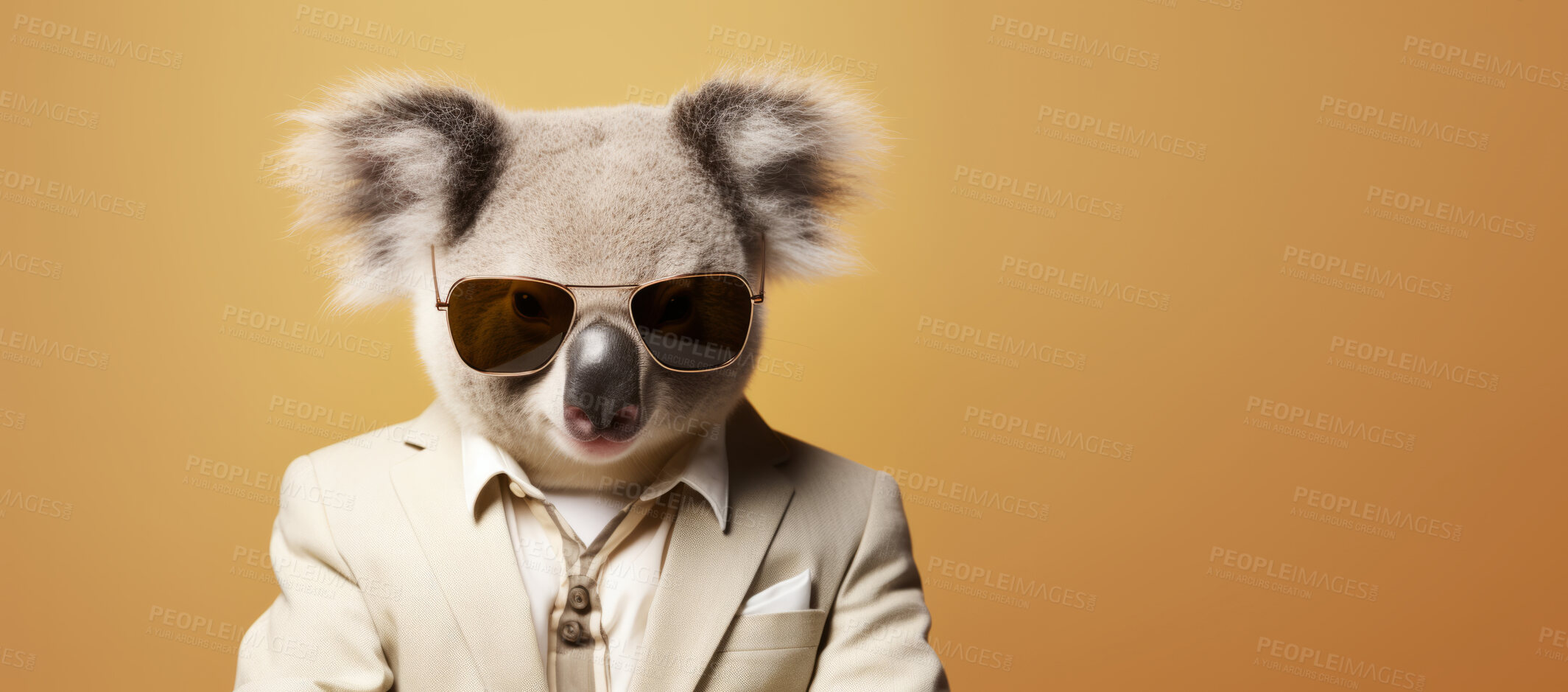 Buy stock photo Koala wearing glasses and suit for office style or business against an orange background