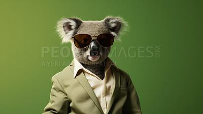 Koala wearing glasses and suit for office style or business against a green background