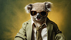 Koala wearing glasses and suit for office style or business against a green background