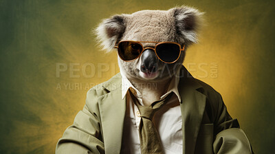 Buy stock photo Koala wearing glasses and suit for office style or business against a green background