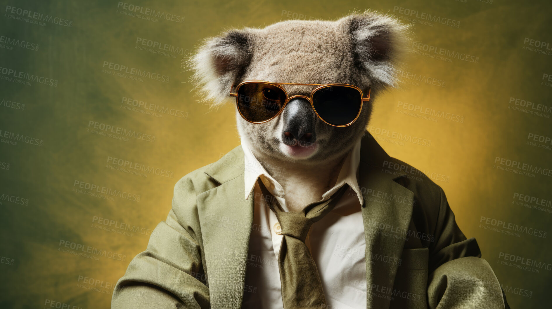 Buy stock photo Koala wearing glasses and suit for office style or business against a green background