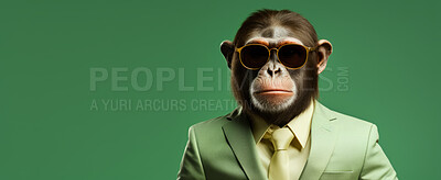 Monkey wearing glasses and suit for office style or business against a green background