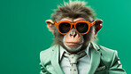 Monkey wearing glasses and suit for office style or business against a green background