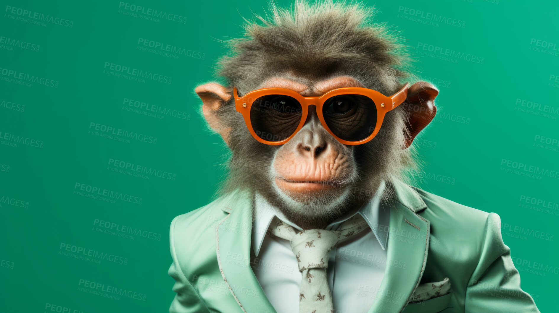 Buy stock photo Monkey wearing glasses and suit for office style or business against a green background