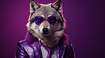 Wolf wearing glasses and suit for office style or business against a purple background