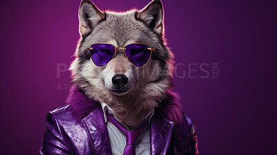 Buy stock photo Wolf wearing glasses and suit for office style or business against a purple background