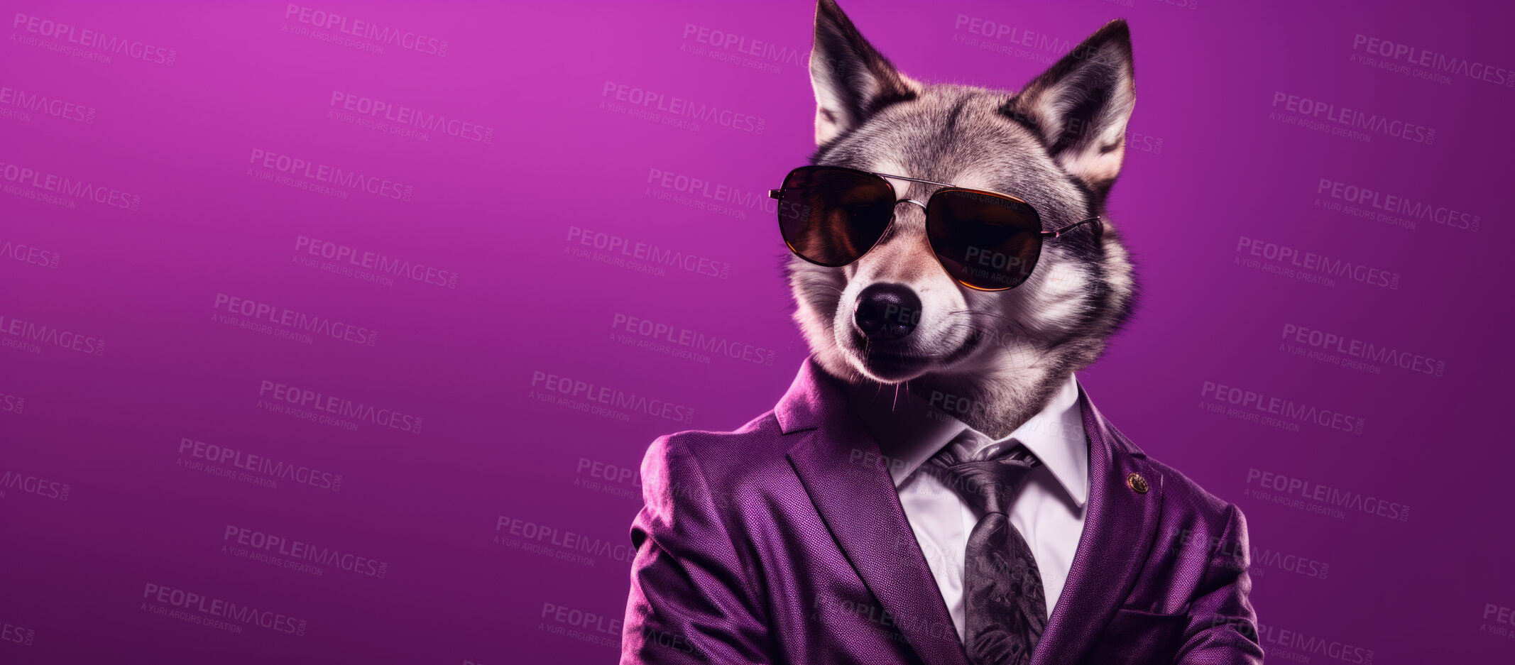 Buy stock photo Wolf wearing glasses and suit for office style or business against a purple background