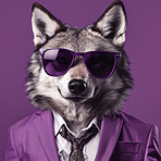 Wolf wearing glasses and suit for office style or business against a purple background