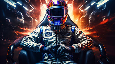 Man sitting in racing suit with helmet. Confident professional