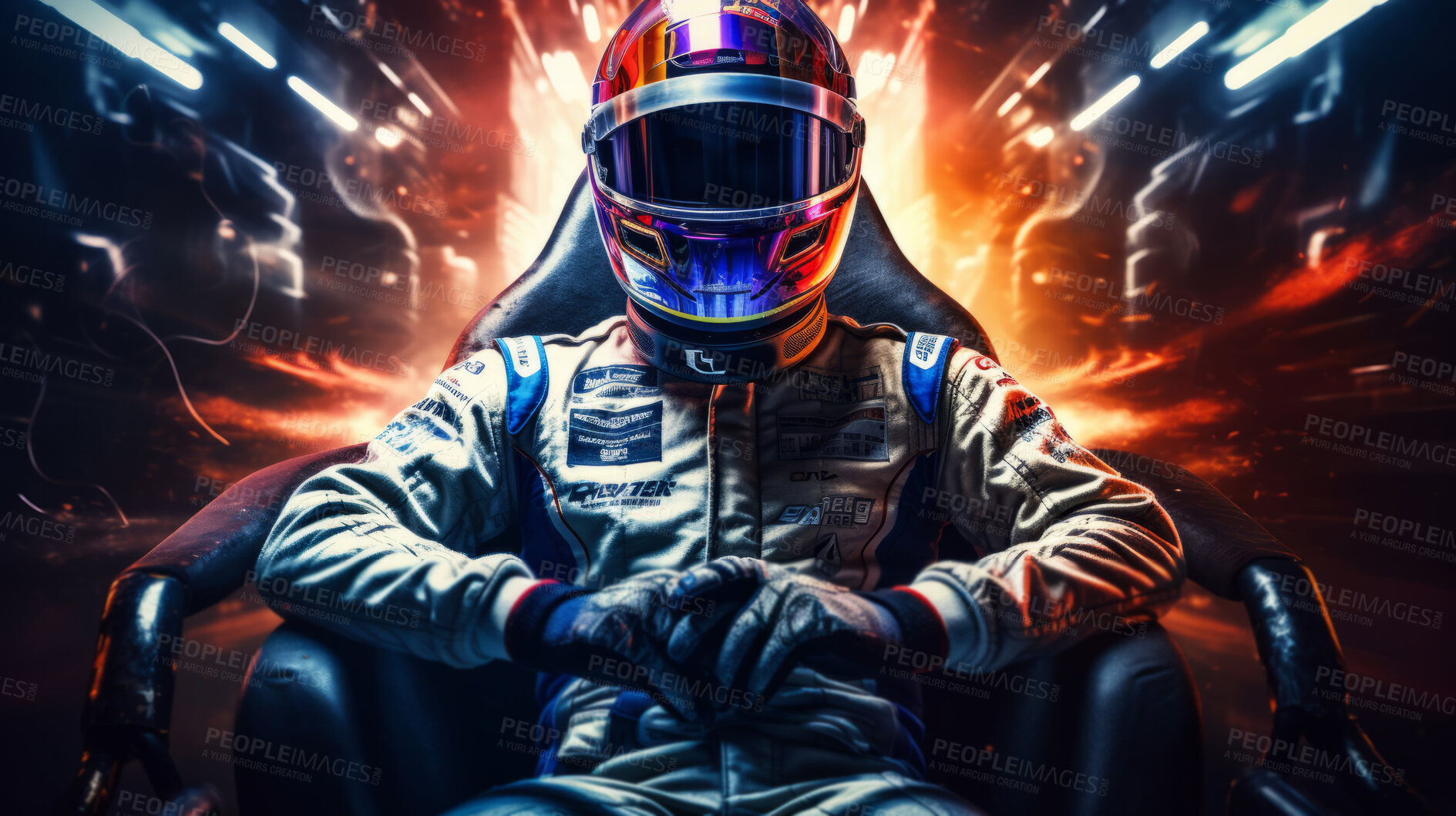 Buy stock photo Man sitting in racing suit with helmet. Confident professional