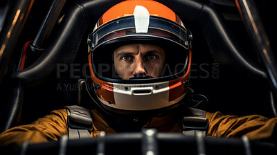 Man sitting in racing suit with helmet. Confident professional