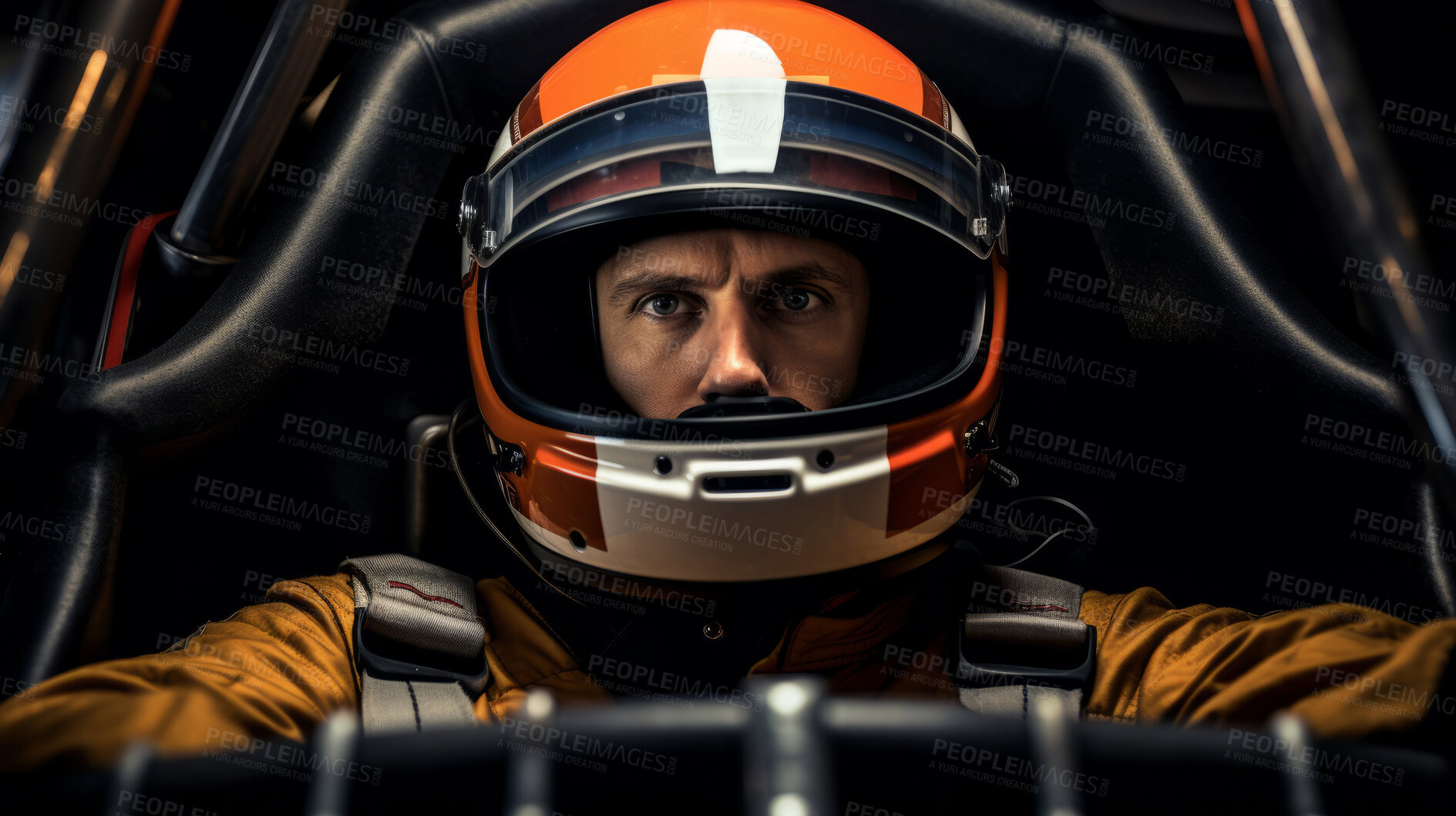 Buy stock photo Man sitting in racing suit with helmet. Confident professional
