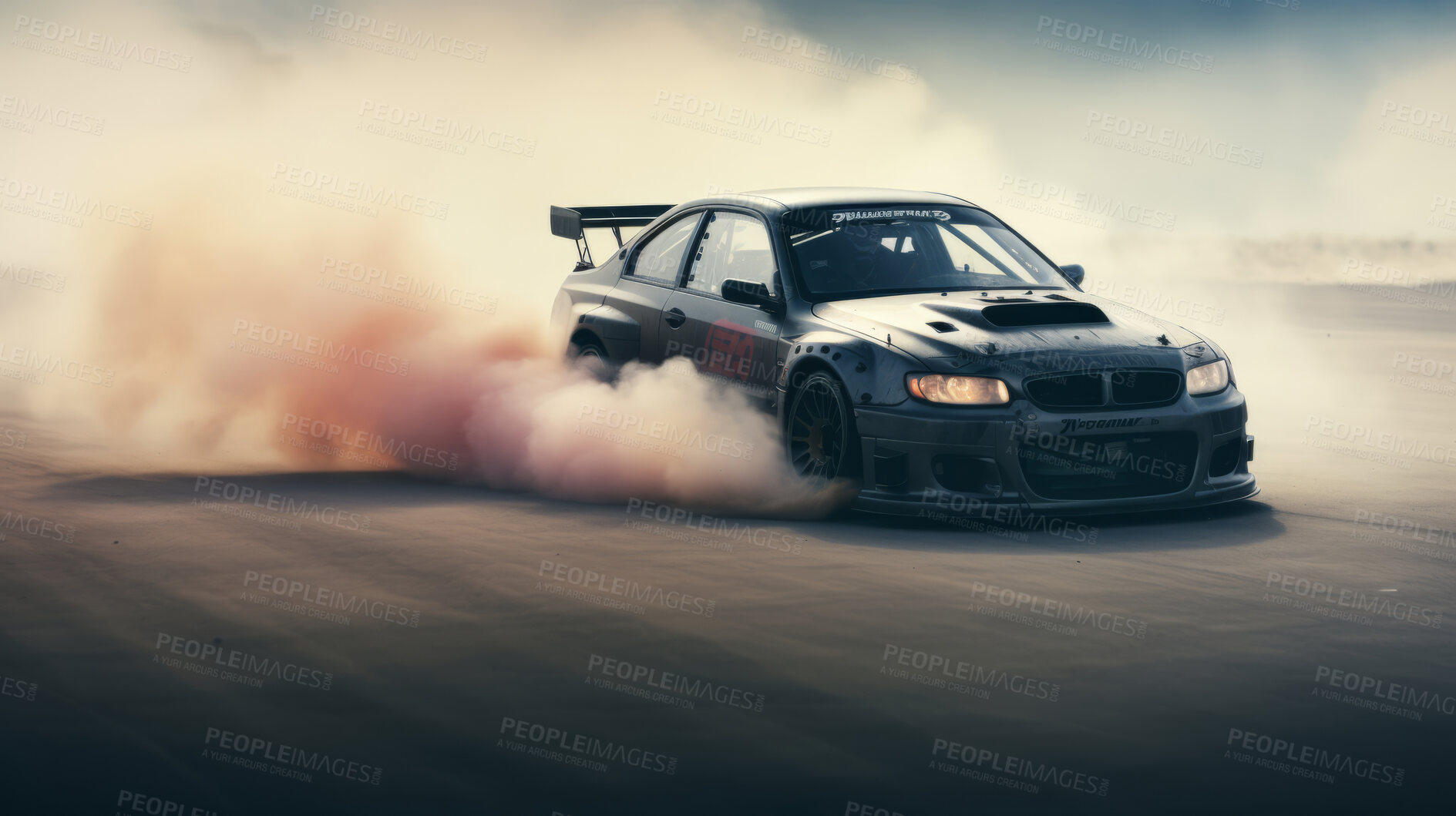 Buy stock photo Race car with smoke from burning tires on speed track. Victory business achievement