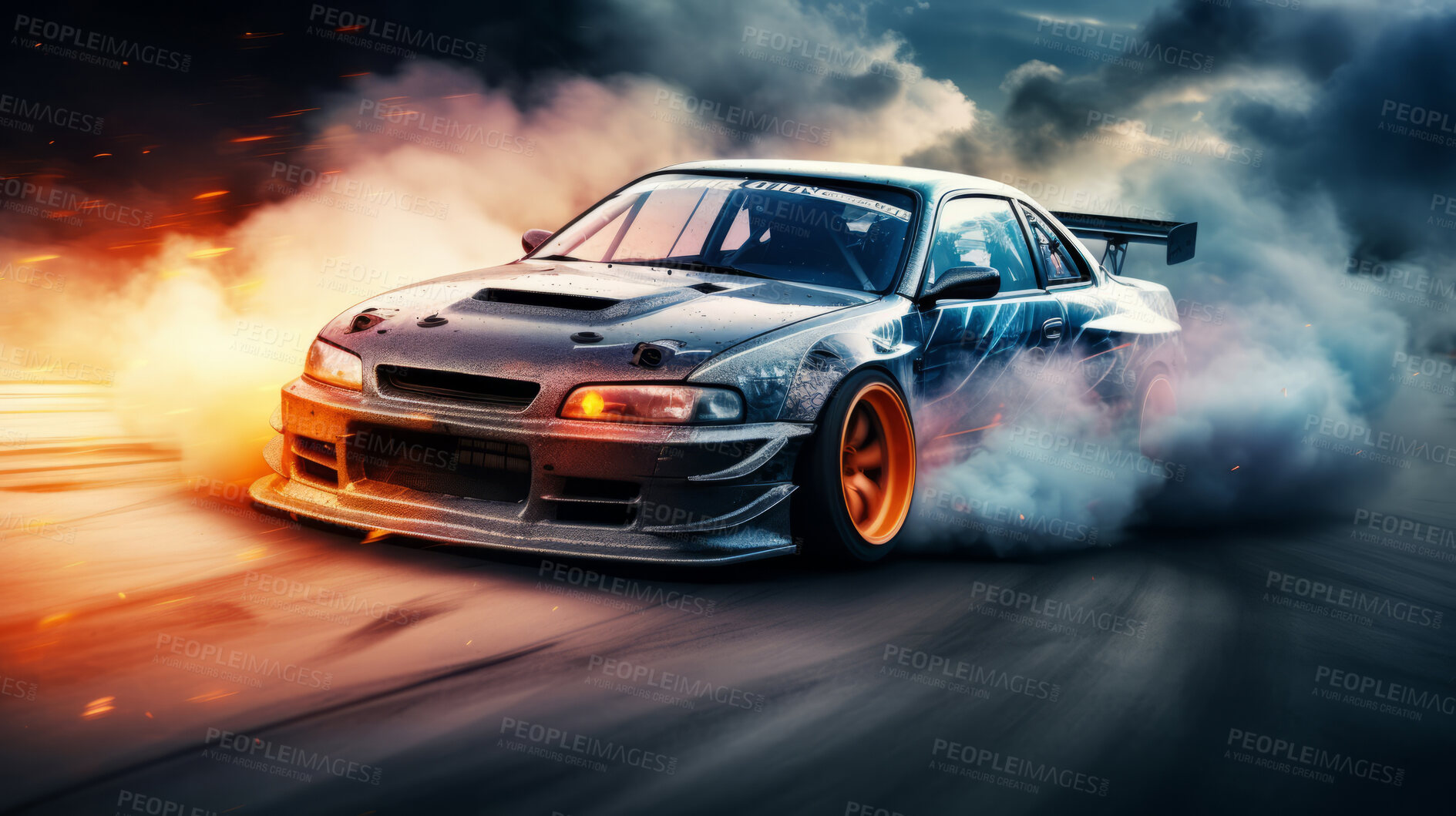 Buy stock photo Race car with smoke from burning tires on speed track. Victory business achievement