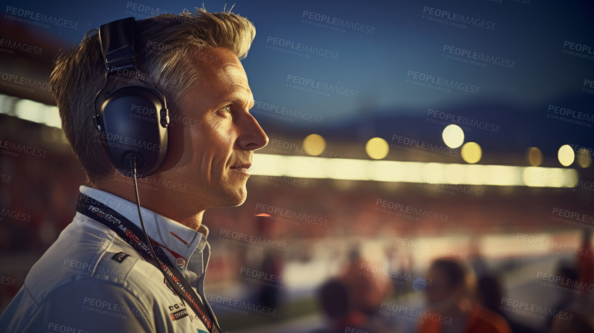 Buy stock photo Motor race track supervisor with headphones. Professional safety information manager