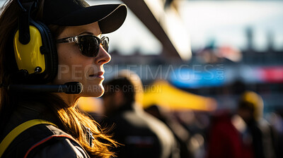 Buy stock photo Motor race track supervisor with headphones. Professional safety information manager