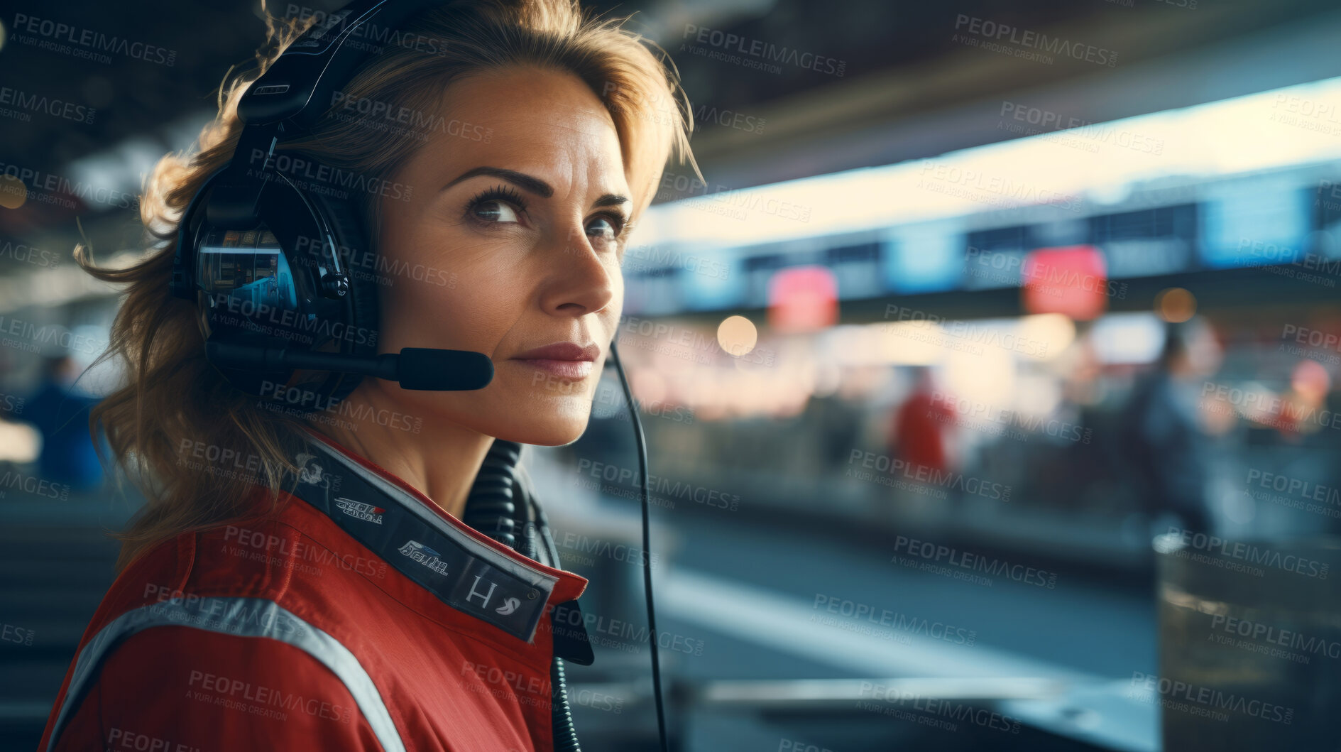 Buy stock photo Motor race track supervisor with headphones. Professional safety information manager