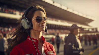 Buy stock photo Motor race track supervisor with headphones. Professional safety information manager