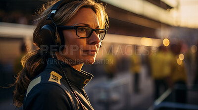 Buy stock photo Motor race track supervisor with headphones. Professional safety information manager