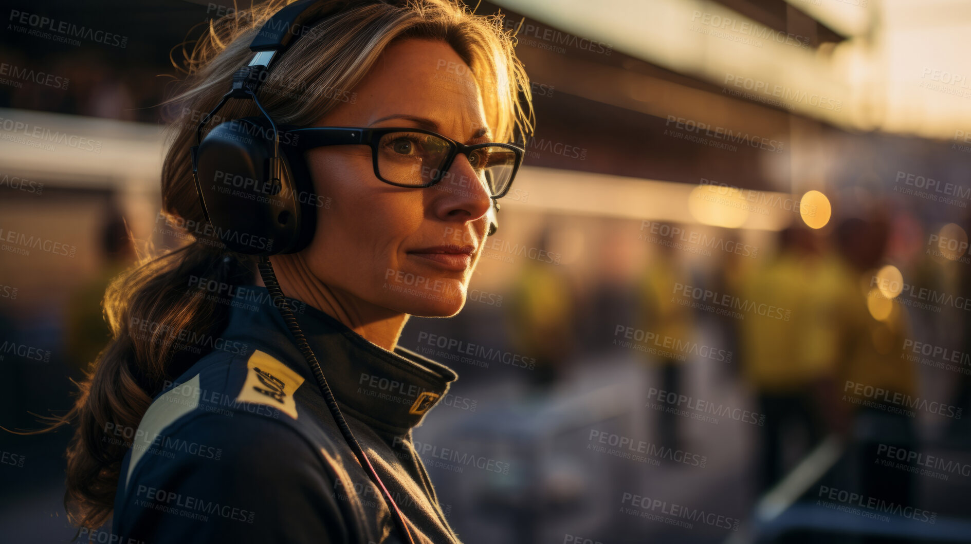 Buy stock photo Motor race track supervisor with headphones. Professional safety information manager