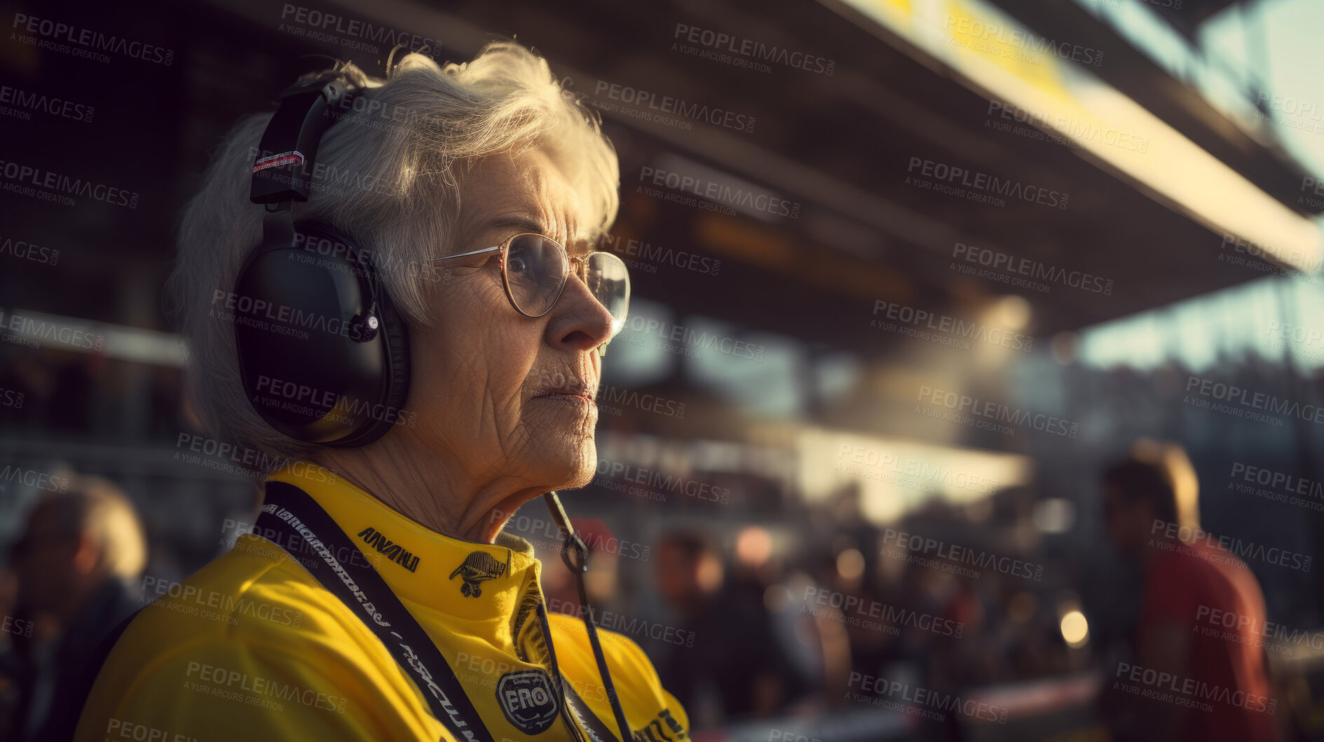 Buy stock photo Motor race track supervisor with headphones. Professional safety information manager