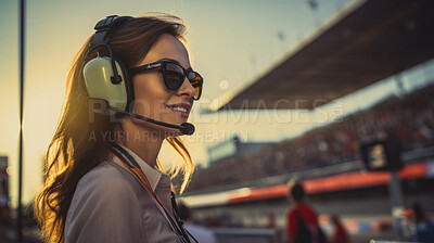 Buy stock photo Motor race track supervisor with headphones. Professional safety information manager