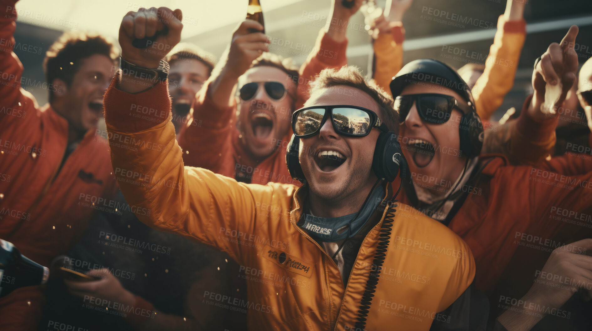 Buy stock photo Motorsports championship. Cheering team celebrates winning tournament.